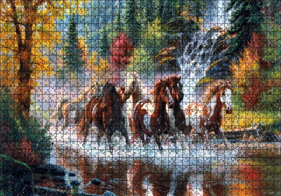 Nehirde Koşan Yaban Atları Puzzle Yapboz MDF Ahşap 1000 Parça 49 cm X 68 cm