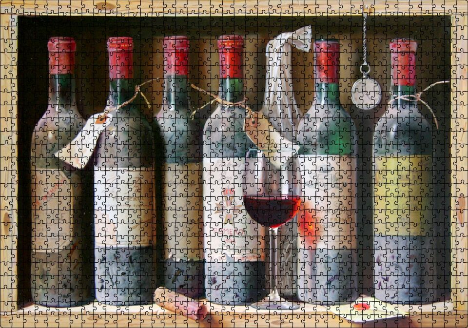 Tahta Rafta Yıllanan Nar Şarapları Puzzle Yapboz MDF Ahşap 1000 Parça 49 cm X 68 cm