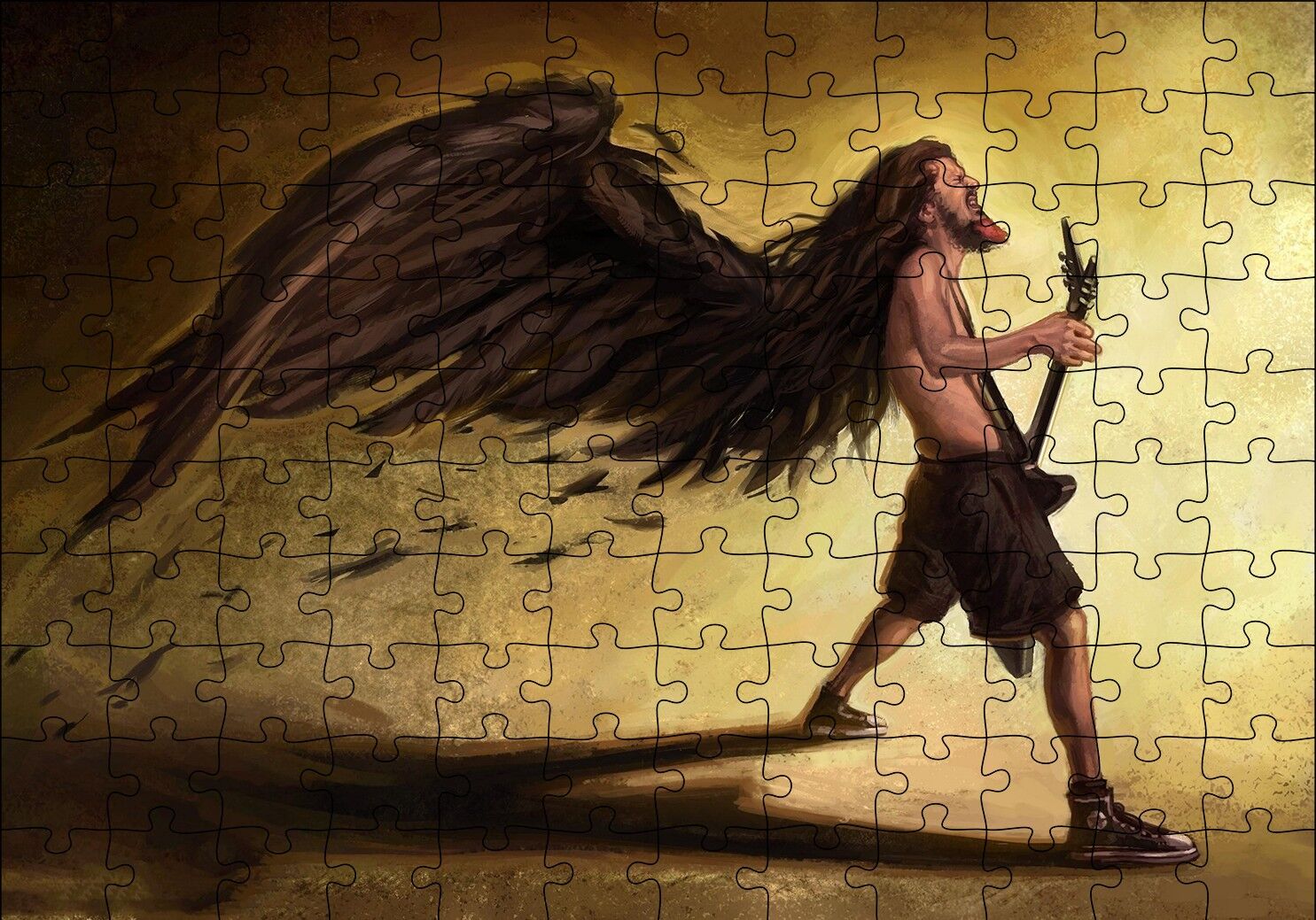 Elektrogitar Çalan Adam Karikatürize Puzzle Yapboz MDF Ahşap