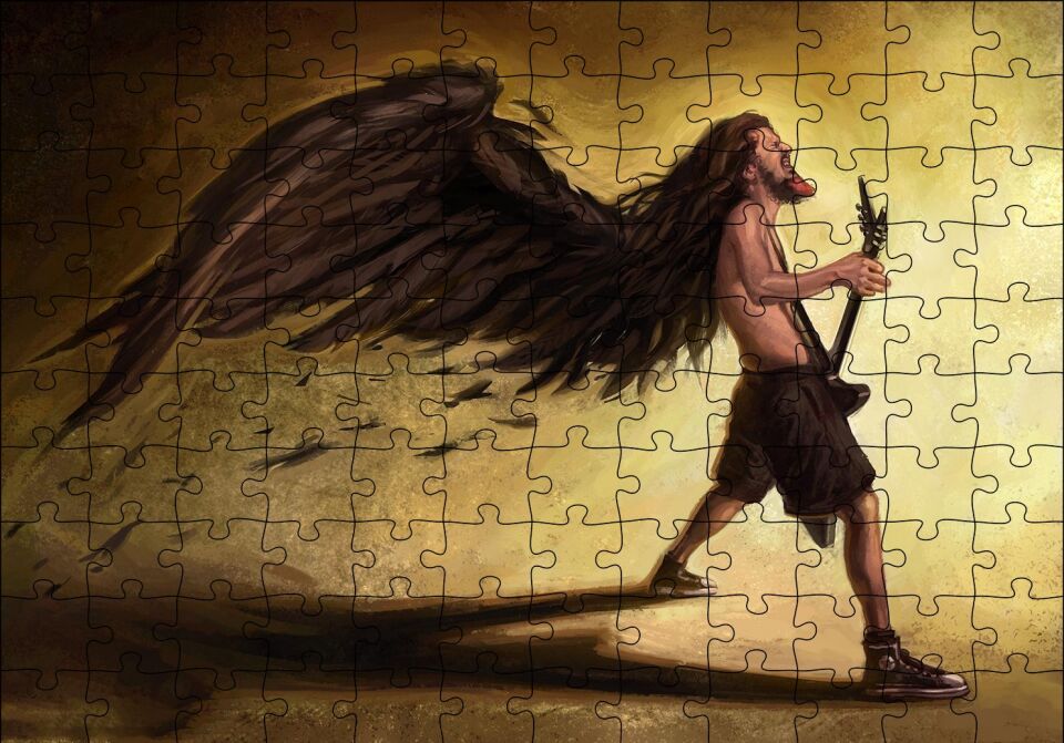 Elektrogitar Çalan Adam Karikatürize Puzzle Yapboz MDF Ahşap