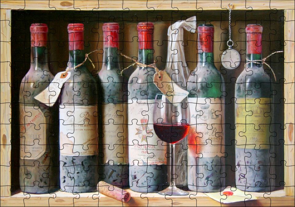 Tahta Rafta Yıllanan Nar Şarapları Puzzle Yapboz MDF Ahşap