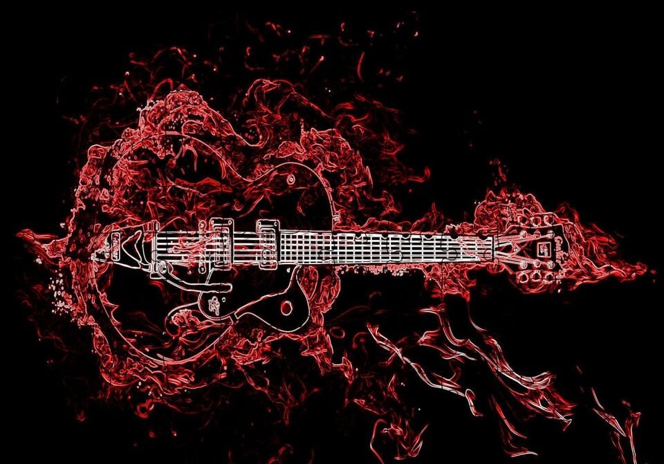 Elektrogitar ve Kırmızı Alevler Puzzle Yapboz MDF Ahşap