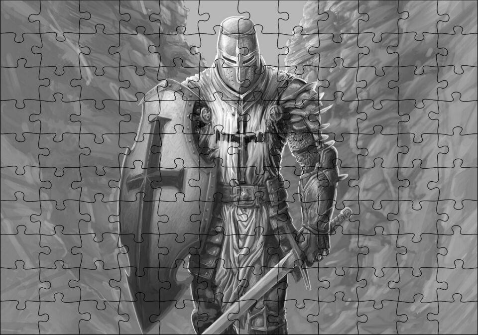 Tam Zırhlı ve Silahlı Haçlı Şövalyesi Kara Kalem Puzzle Yapboz MDF Ahşap
