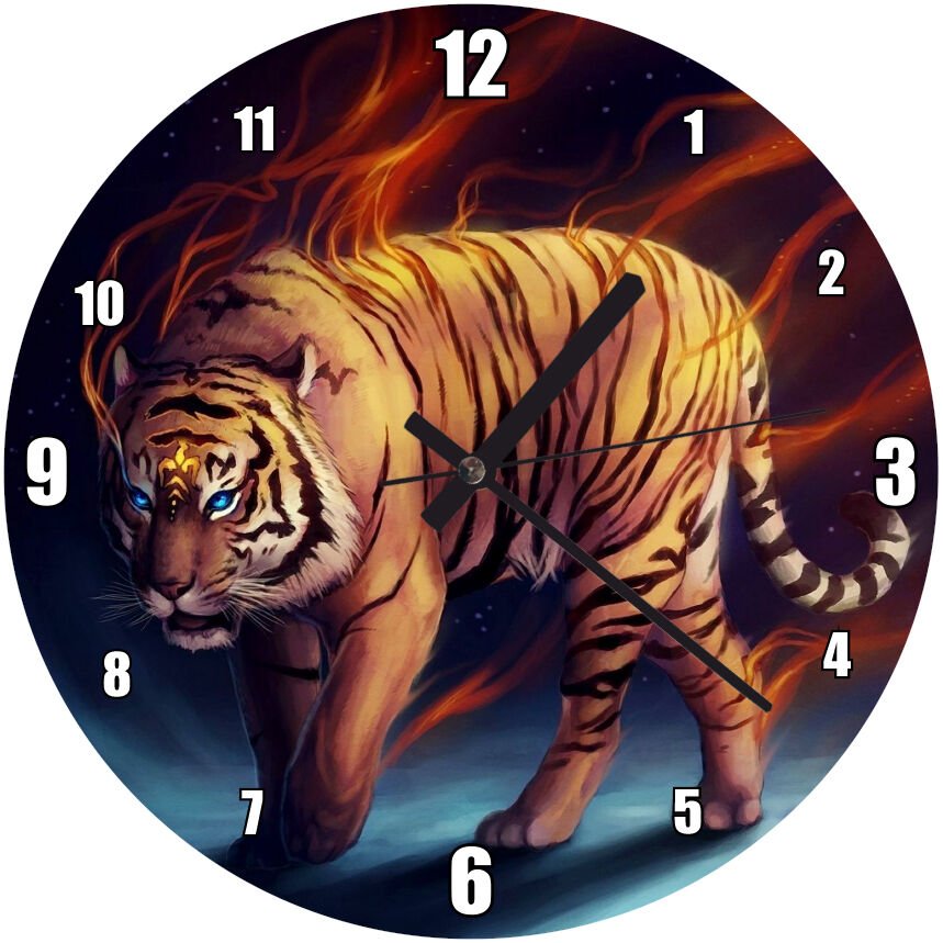 Ateş Saçan Kaplan Mavi Gece Mdf Ahşap Duvar Saati