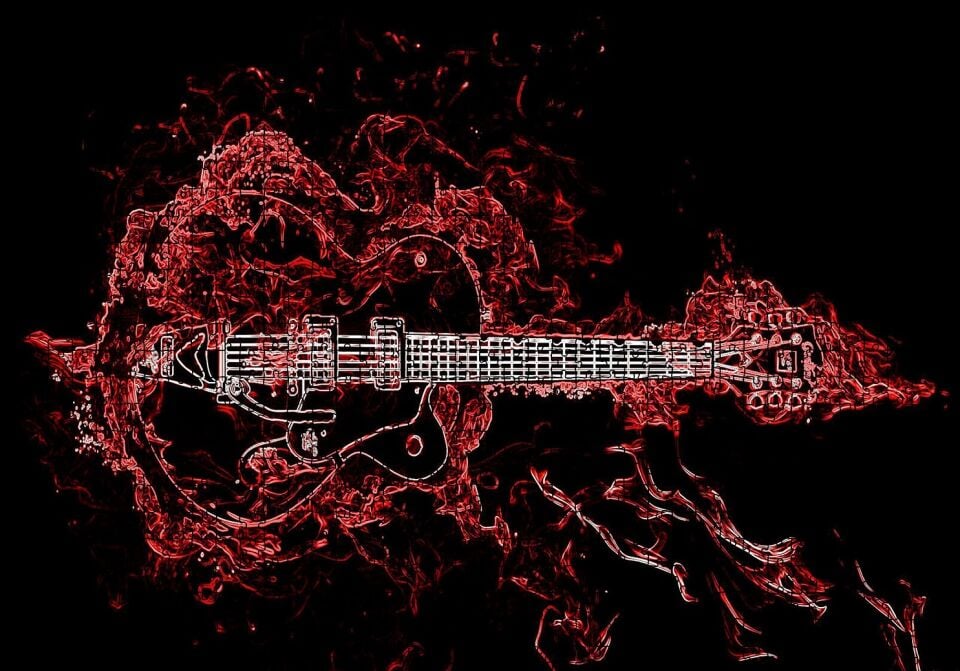 Elektrogitar ve Kırmızı Alevler Puzzle Yapboz MDF Ahşap 1000 Parça 49 cm X 68 cm