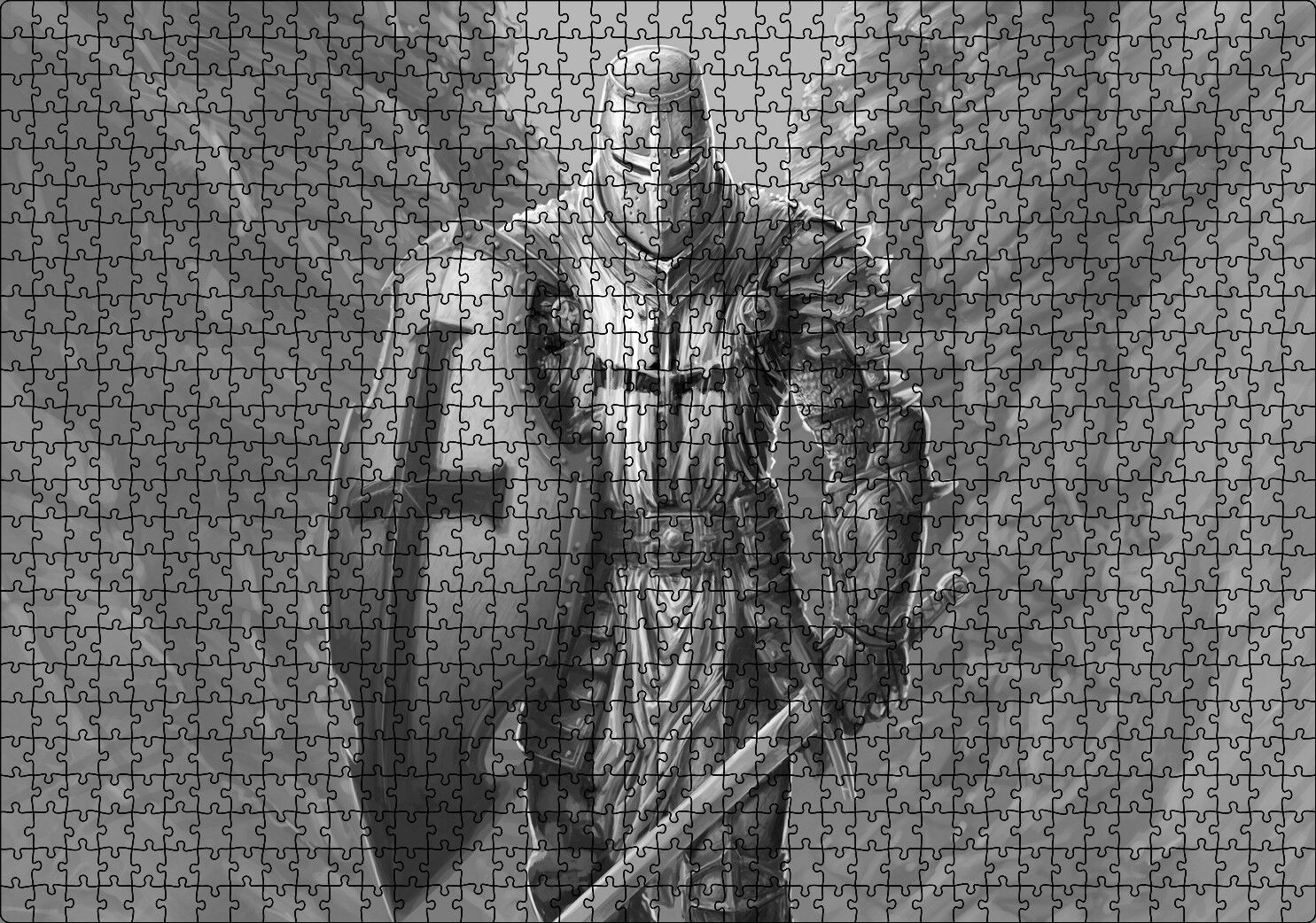 Tam Zırhlı ve Silahlı Haçlı Şövalyesi Kara Kalem Puzzle Yapboz MDF Ahşap 1000 Parça 49 cm X 68 cm