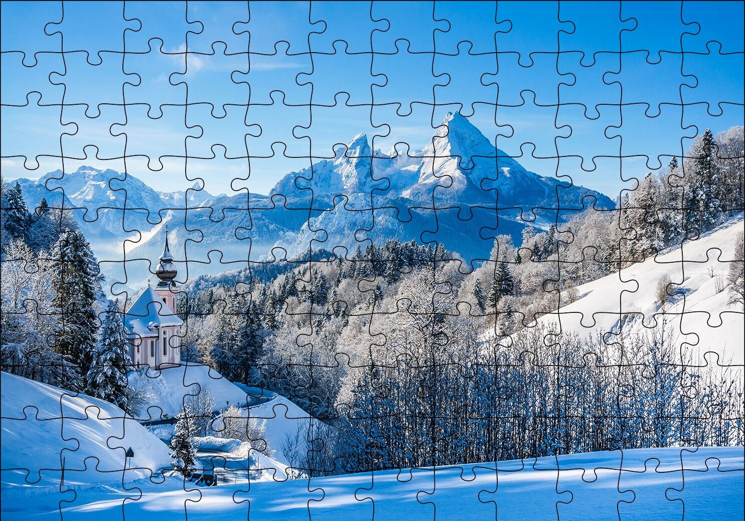 Bavyera Alpleri Karlar ve Kilise Puzzle Yapboz MDF Ahşap
