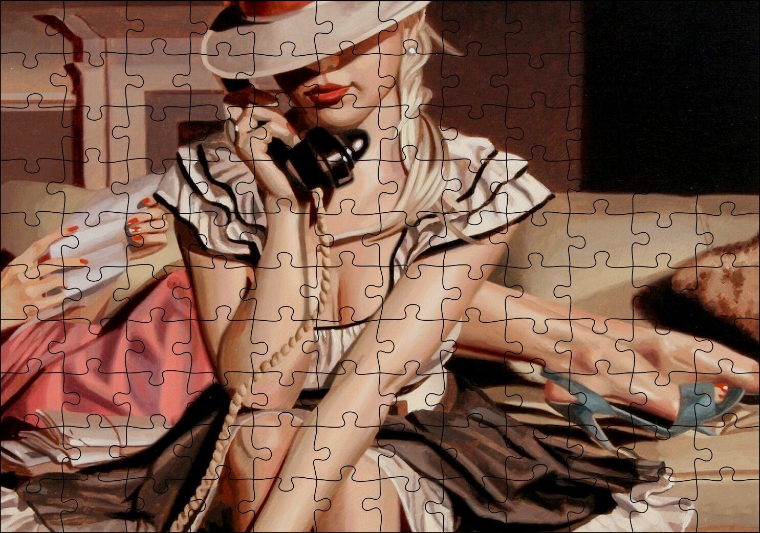Telefonda Konuşan Gizemli Seksi Sarışın Puzzle Yapboz MDF Ahşap 120 Parça 24 cm X 34 cm