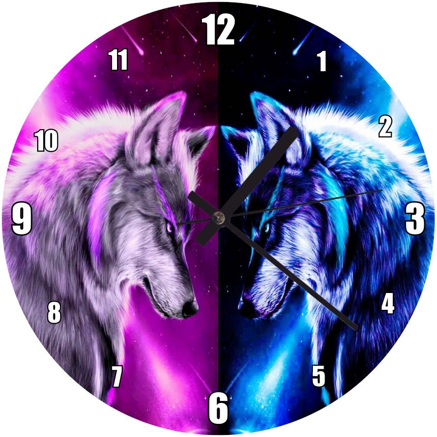 Mavi Mor Işıkta Kurtlar Mdf Ahşap Duvar Saati