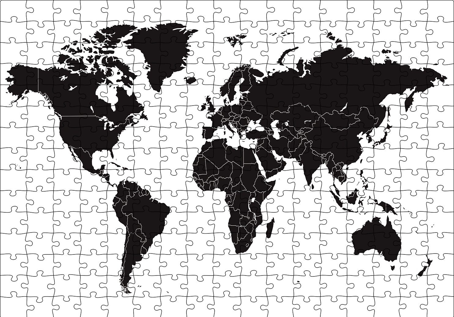 Siyah Beyaz Dünya Haritası Puzzle Yapboz MDF Ahşap 255 Parça 34 cm X 49 cm