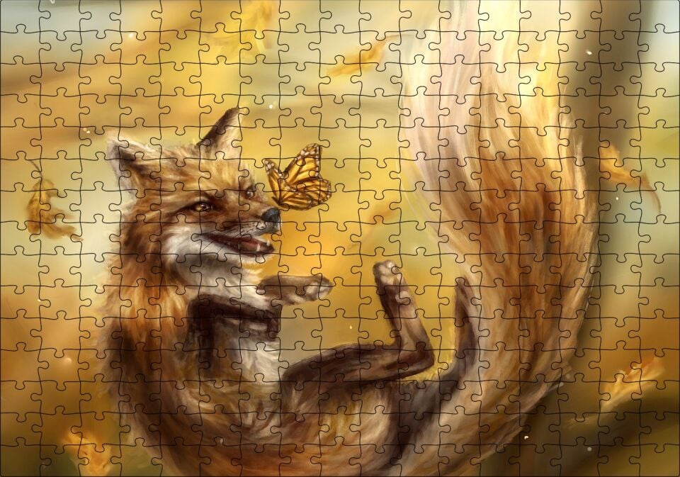 Canavar Tilki ve Kelebekler Puzzle Yapboz MDF Ahşap 255 Parça 34 cm X 49 cm
