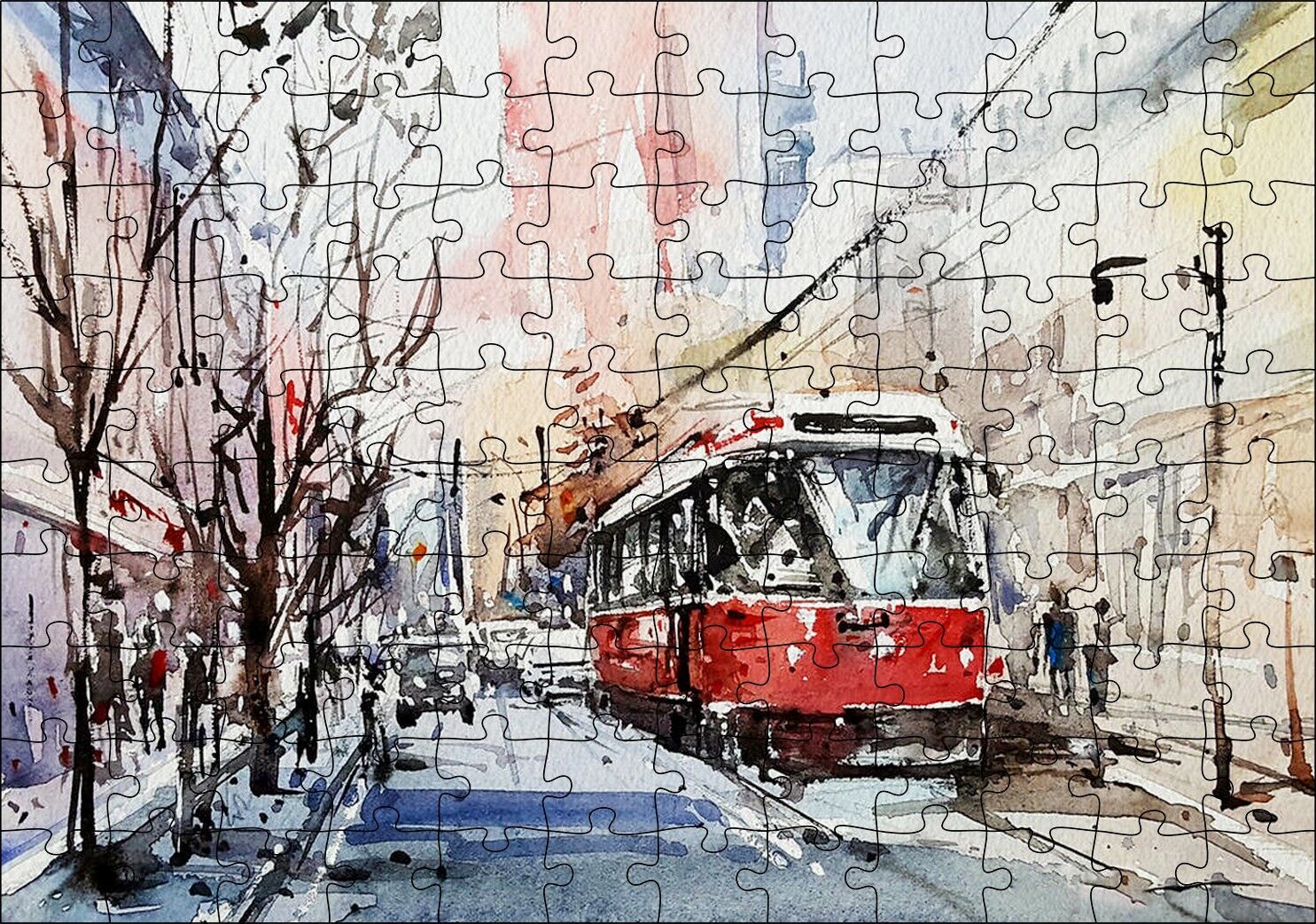 Toronto Sokaklarında Tramvay Araçlar ve Yayalar Puzzle Yapboz MDF Ahşap