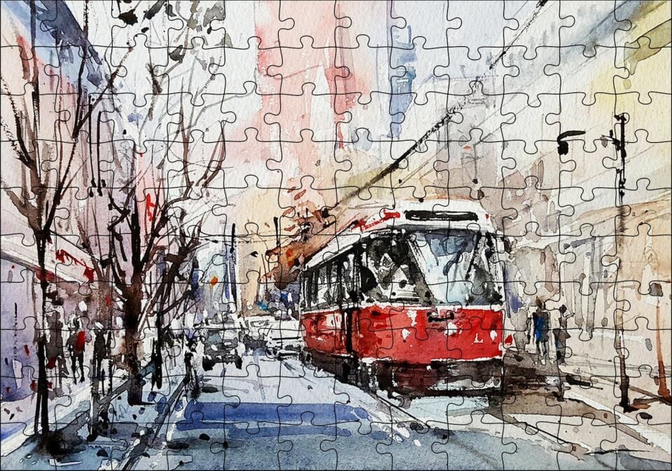 Toronto Sokaklarında Tramvay Araçlar ve Yayalar Puzzle Yapboz MDF Ahşap