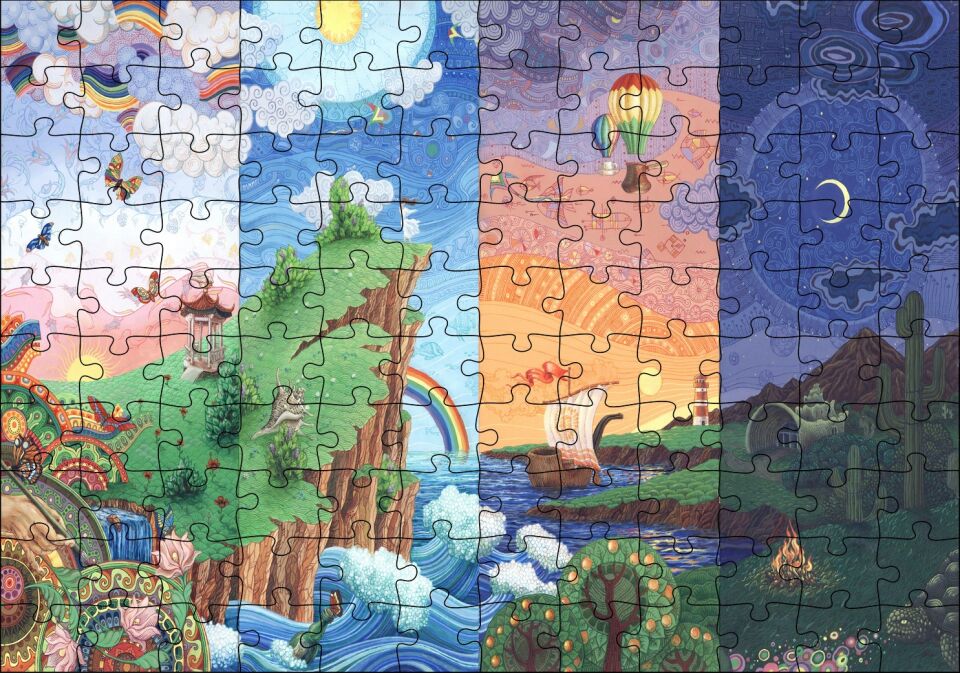 Renkli Ada Soyut Resim Sanat Eseri Gökkuşakları Ay Puzzle Yapboz MDF Ahşap