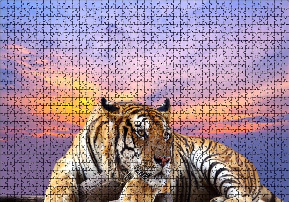 Günbatımı Mor Gökler ve Kaplan Puzzle Yapboz MDF Ahşap 1000 Parça 49 cm X 68 cm