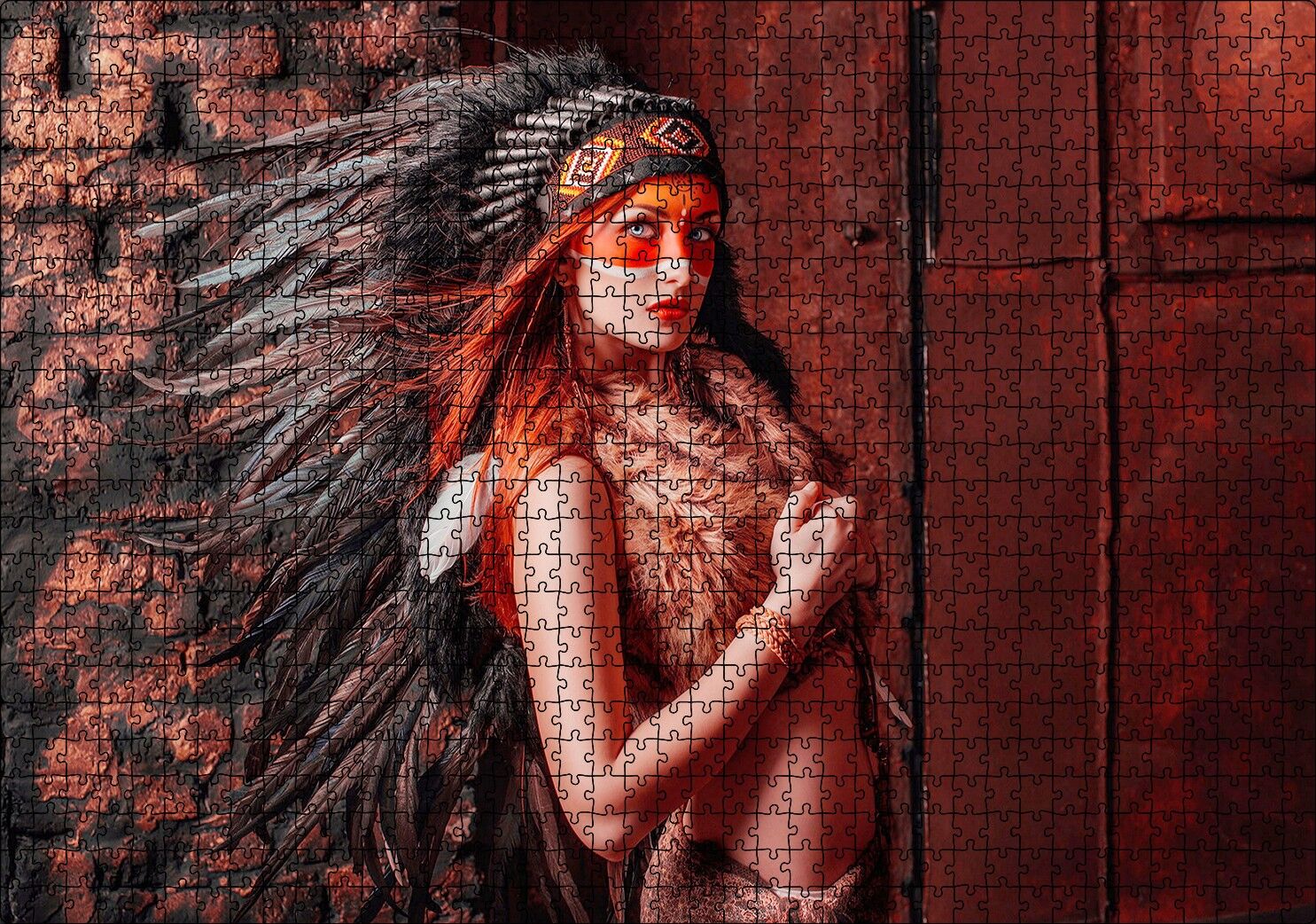 Kırmızı Işık Üstüne Yansımız Kızılderi Kıyafetli Kadın Görseli Puzzle Yapboz MDF Ahşap 1000 Parça 49 cm X 68 cm