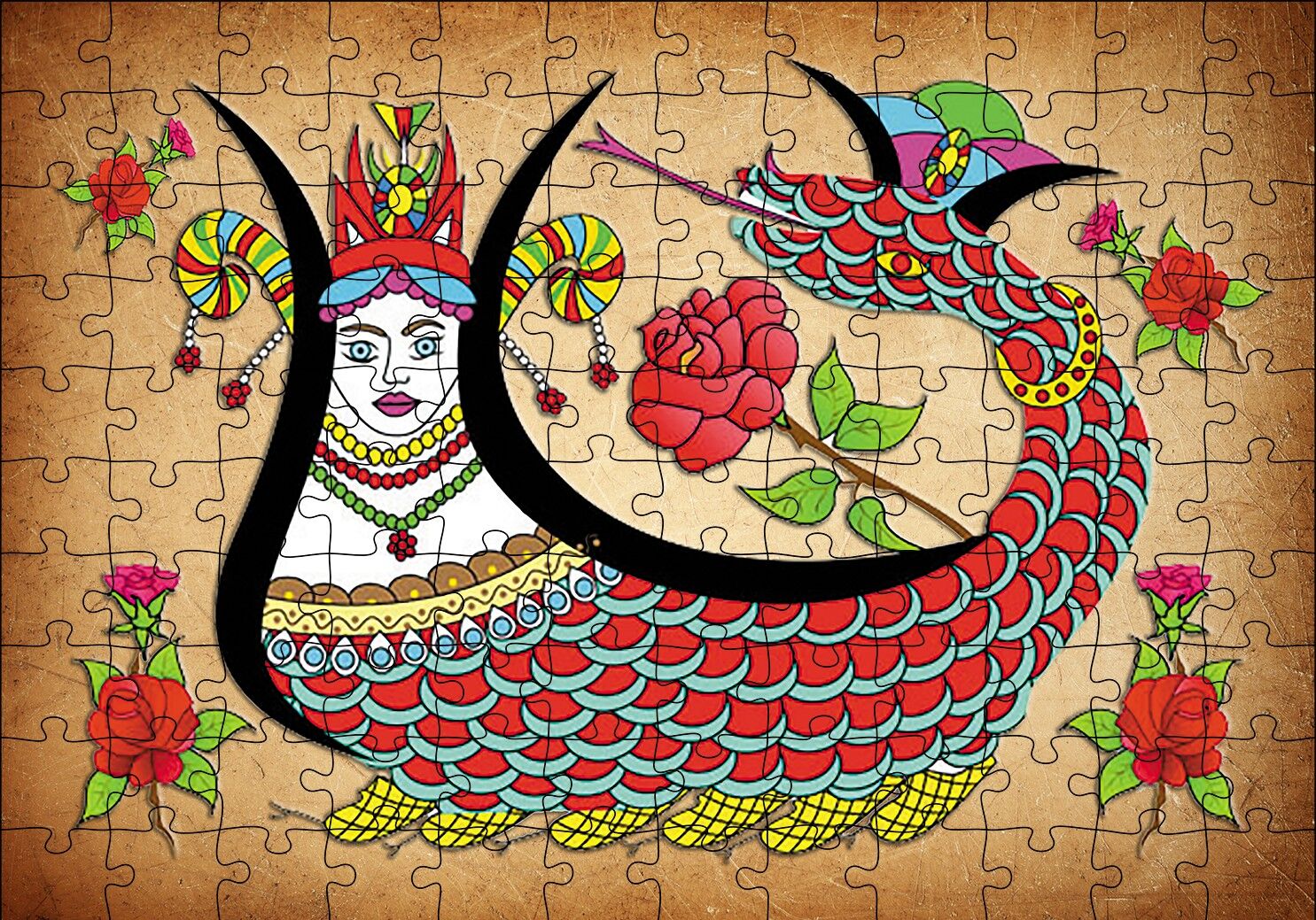 Kırem Zeminde Şahmaran Puzzle Yapboz MDF Ahşap