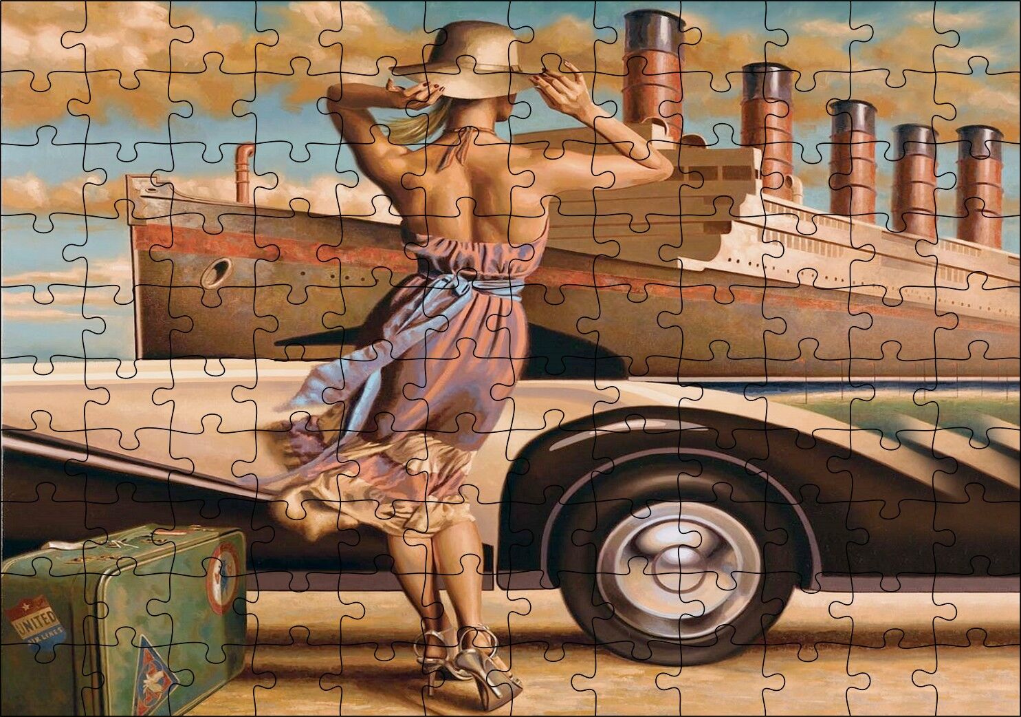 Titanik, Eski Araba ve Yeşil Bavuluyla Genç Kadın Puzzle Yapboz MDF Ahşap 120 Parça 24 cm X 34 cm