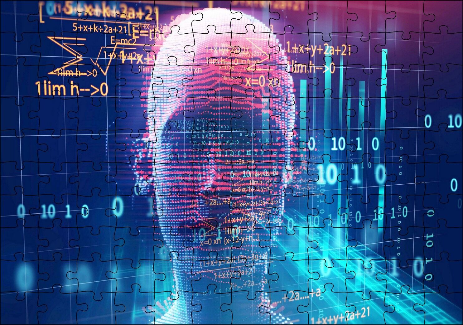 Robotik Kadın Yüzü Silüet ve Dijital Semboller Puzzle Yapboz MDF Ahşap