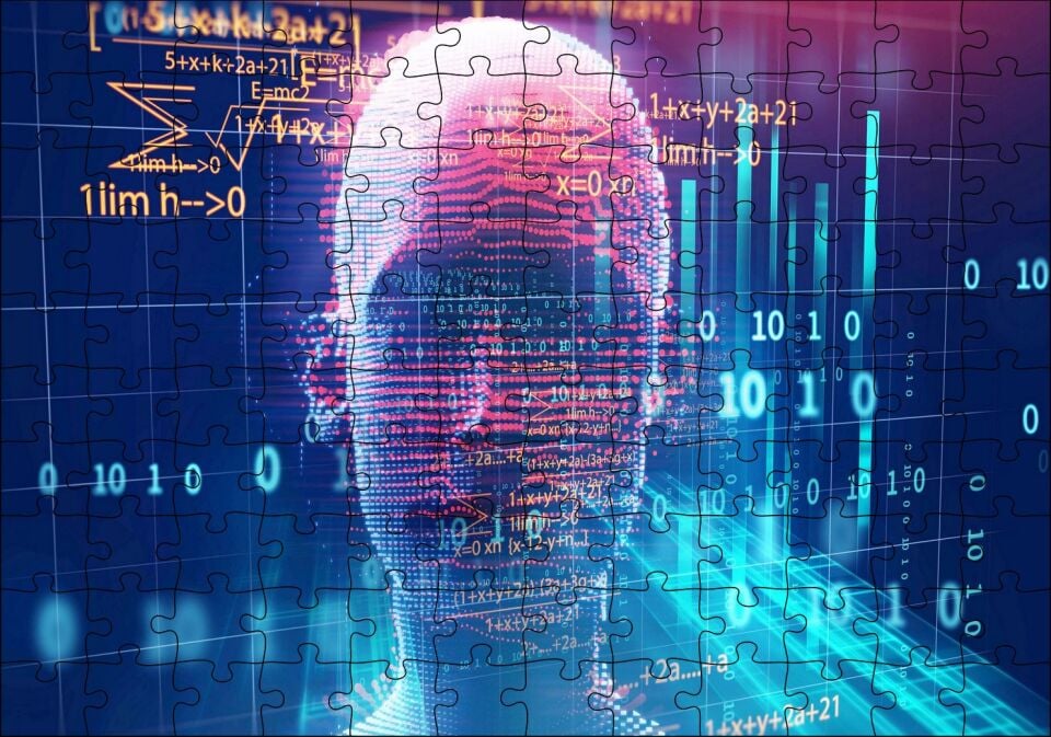 Robotik Kadın Yüzü Silüet ve Dijital Semboller Puzzle Yapboz MDF Ahşap
