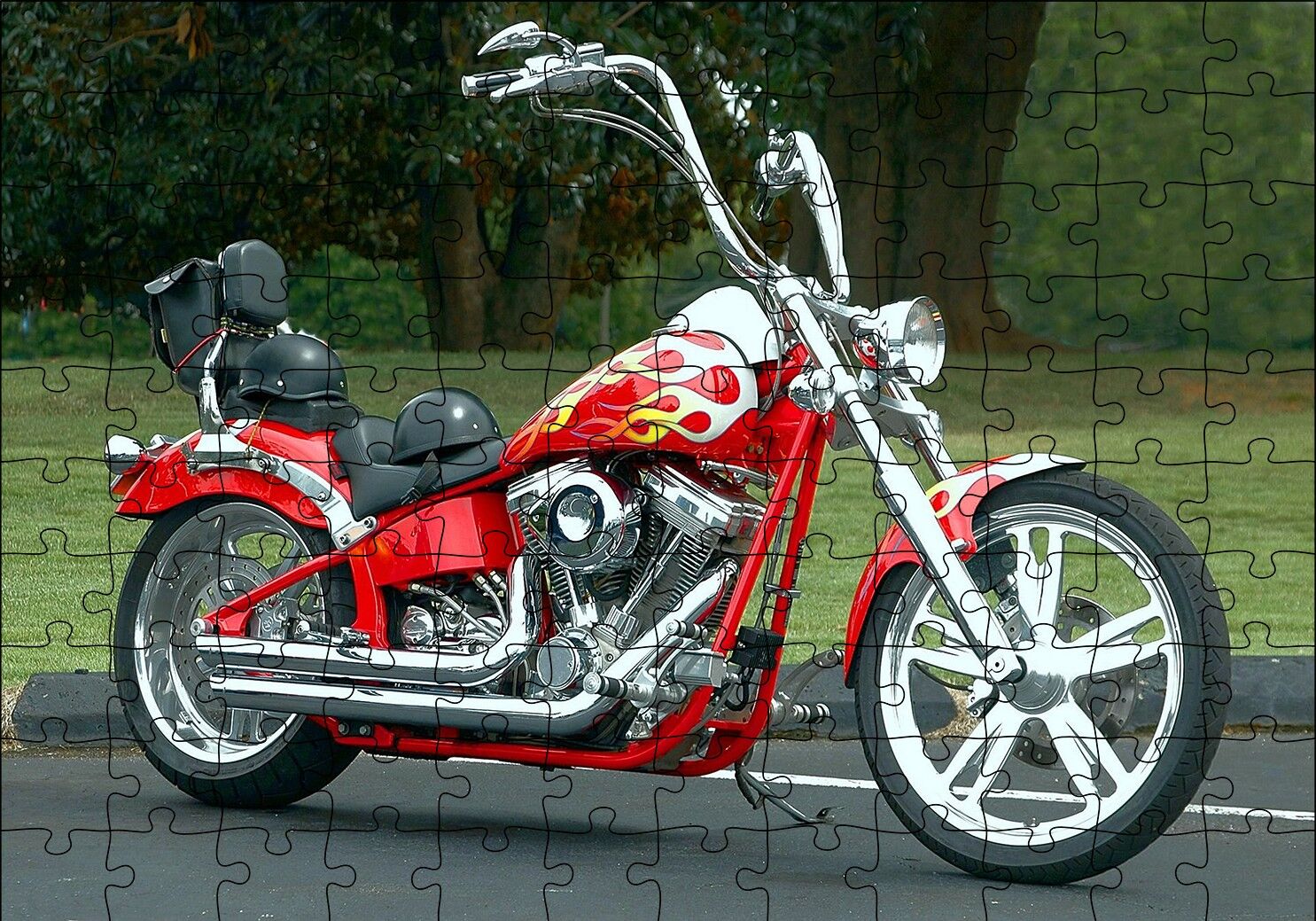 Kırmızı Alevli Chopper Motorsiklet Puzzle Yapboz MDF Ahşap