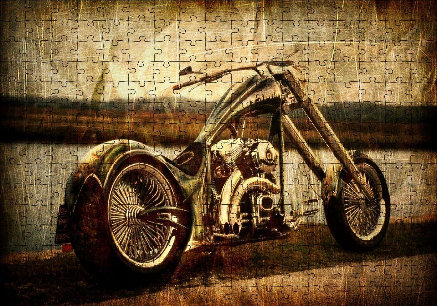 Eski Görünüm Chopper Motorsiklet Puzzle Yapboz MDF Ahşap 255 Parça 34 cm X 49 cm