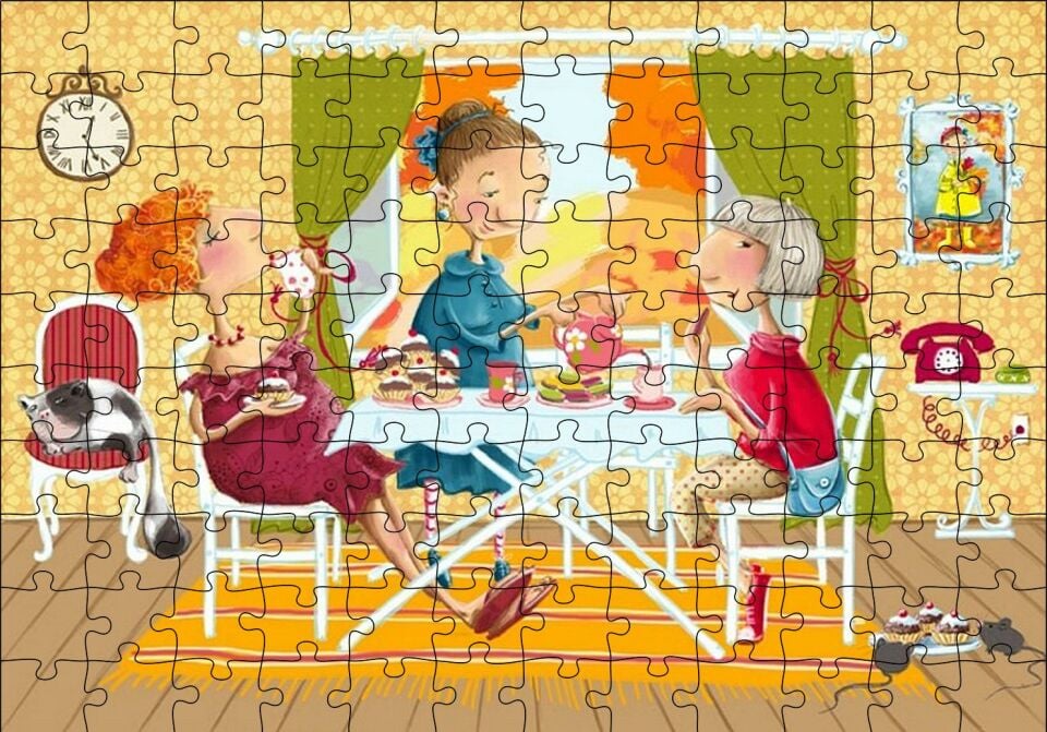 Kızlar Çay Keyfinde Puzzle Yapboz MDF Ahşap