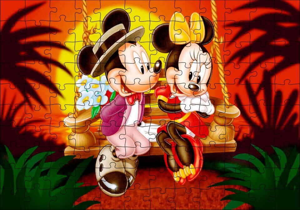 Romantik Mickey ve Minnie Mouse Puzzle Yapboz MDF Ahşap