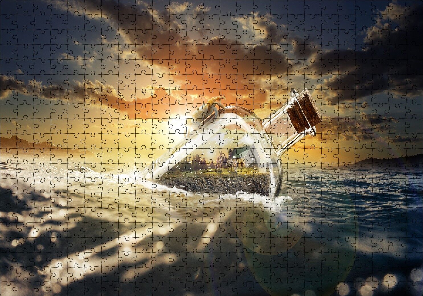 Günbatımı Okyanus Şişe Yengeç ve Kumsal Evi Puzzle Yapboz MDF Ahşap 500 Parça 49 cm X 68 cm