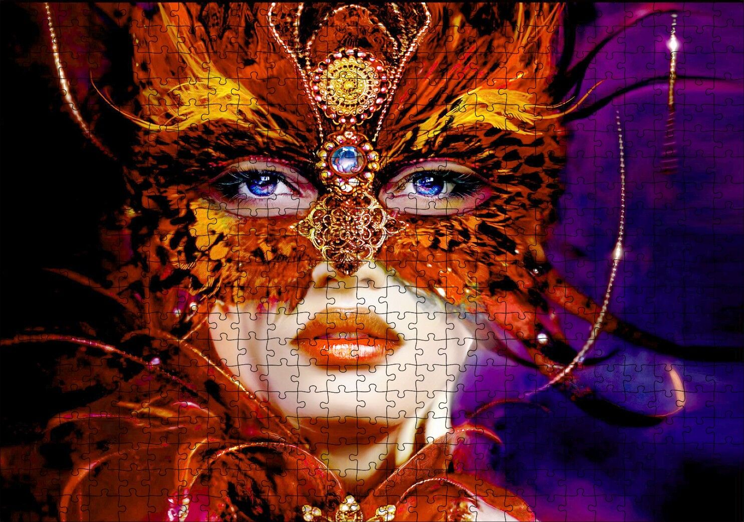 Kırmızı Tüylü Maskeli Kadın Görseli Puzzle Yapboz MDF Ahşap 500 Parça 49 cm X 68 cm