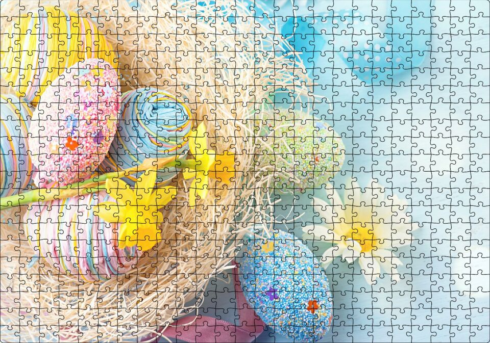 Rengarenk Boyalı Süslü Sürpriz Yumurtalar Puzzle Yapboz MDF Ahşap 500 Parça 49 cm X 68 cm