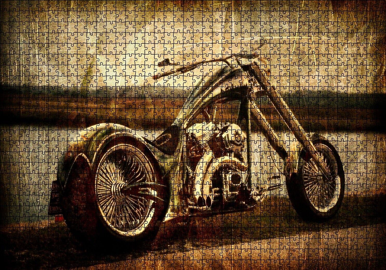 Eski Görünüm Chopper Motorsiklet Puzzle Yapboz MDF Ahşap 1000 Parça 49 cm X 68 cm