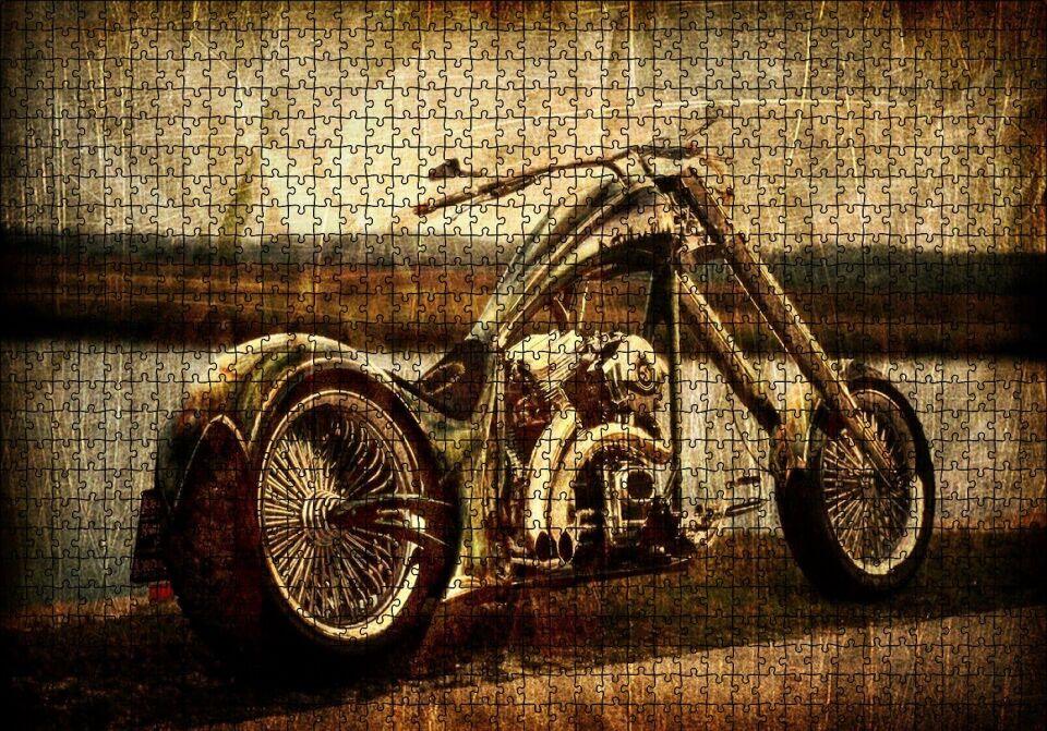 Eski Görünüm Chopper Motorsiklet Puzzle Yapboz MDF Ahşap 1000 Parça 49 cm X 68 cm