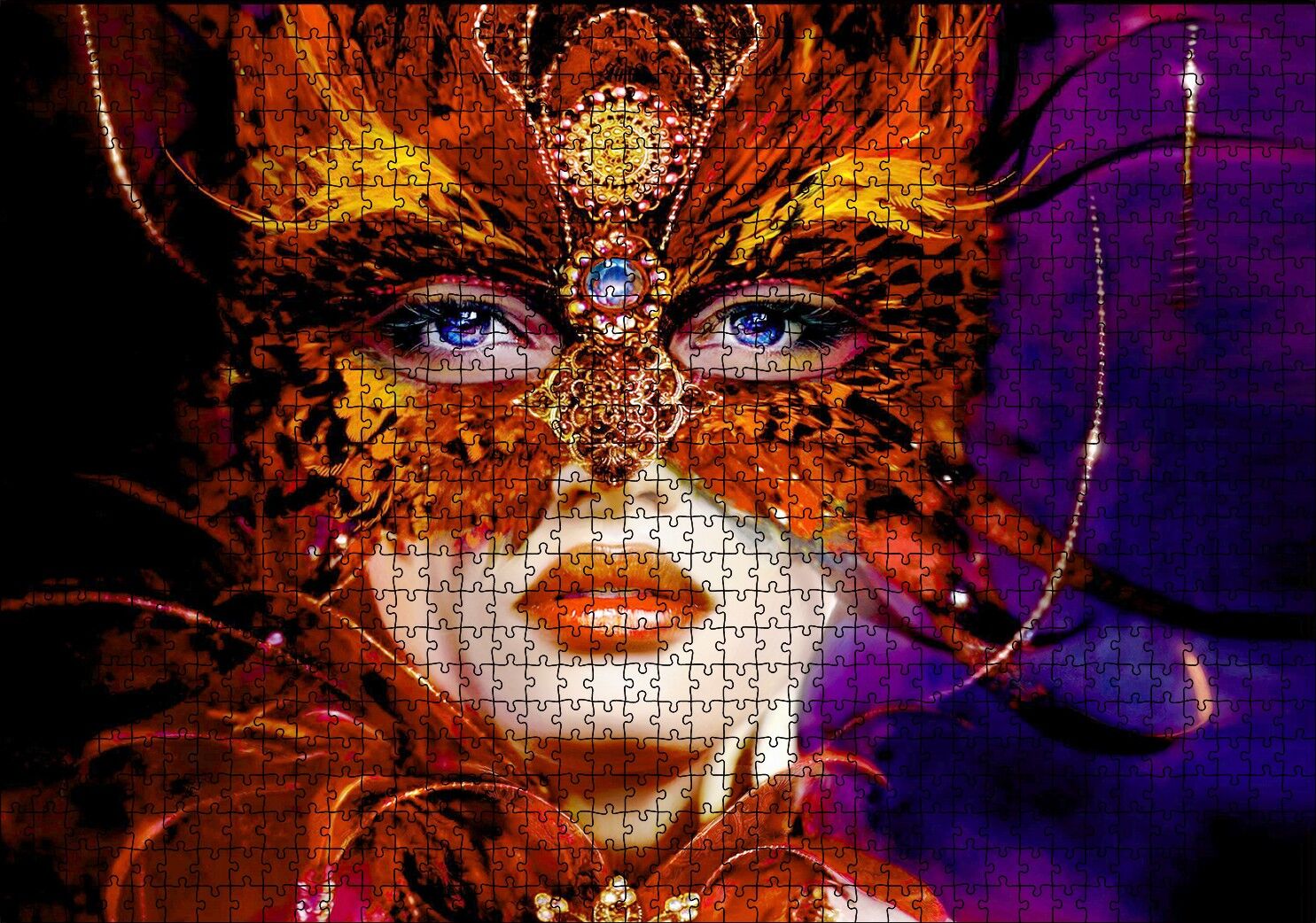 Kırmızı Tüylü Maskeli Kadın Görseli Puzzle Yapboz MDF Ahşap 1000 Parça 49 cm X 68 cm
