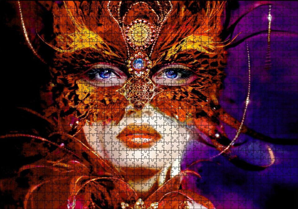 Kırmızı Tüylü Maskeli Kadın Görseli Puzzle Yapboz MDF Ahşap 1000 Parça 49 cm X 68 cm