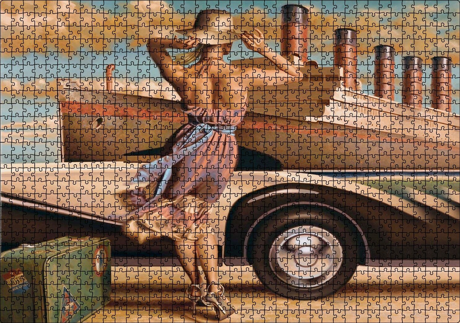 Titanik, Eski Araba ve Yeşil Bavuluyla Genç Kadın Puzzle Yapboz MDF Ahşap 1000 Parça 49 cm X 68 cm