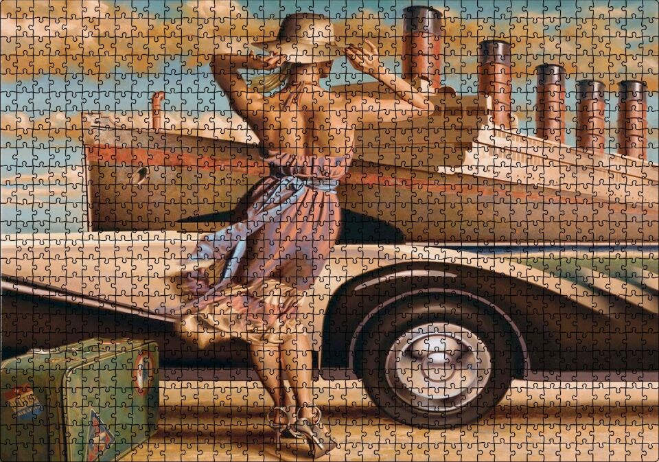 Titanik, Eski Araba ve Yeşil Bavuluyla Genç Kadın Puzzle Yapboz MDF Ahşap 1000 Parça 49 cm X 68 cm