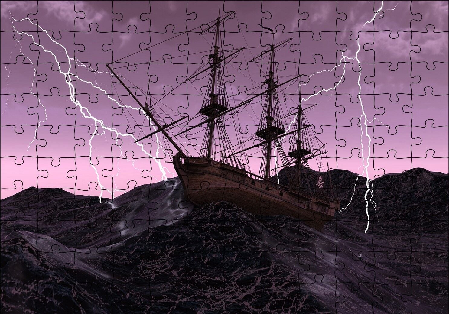 Dev Dalgalarla Boğuşan Gulet ve Şimşekler Puzzle Yapboz MDF Ahşap 120 Parça 24 cm X 34 cm