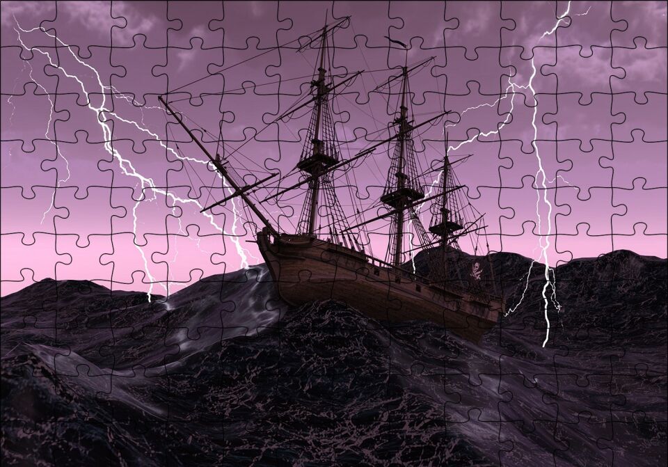 Dev Dalgalarla Boğuşan Gulet ve Şimşekler Puzzle Yapboz MDF Ahşap 120 Parça 24 cm X 34 cm