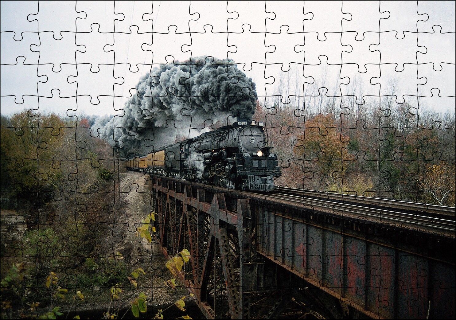 Eski Köprü ve Buharlı Kara Tren Puzzle Yapboz MDF Ahşap 120 Parça 24 cm X 34 cm