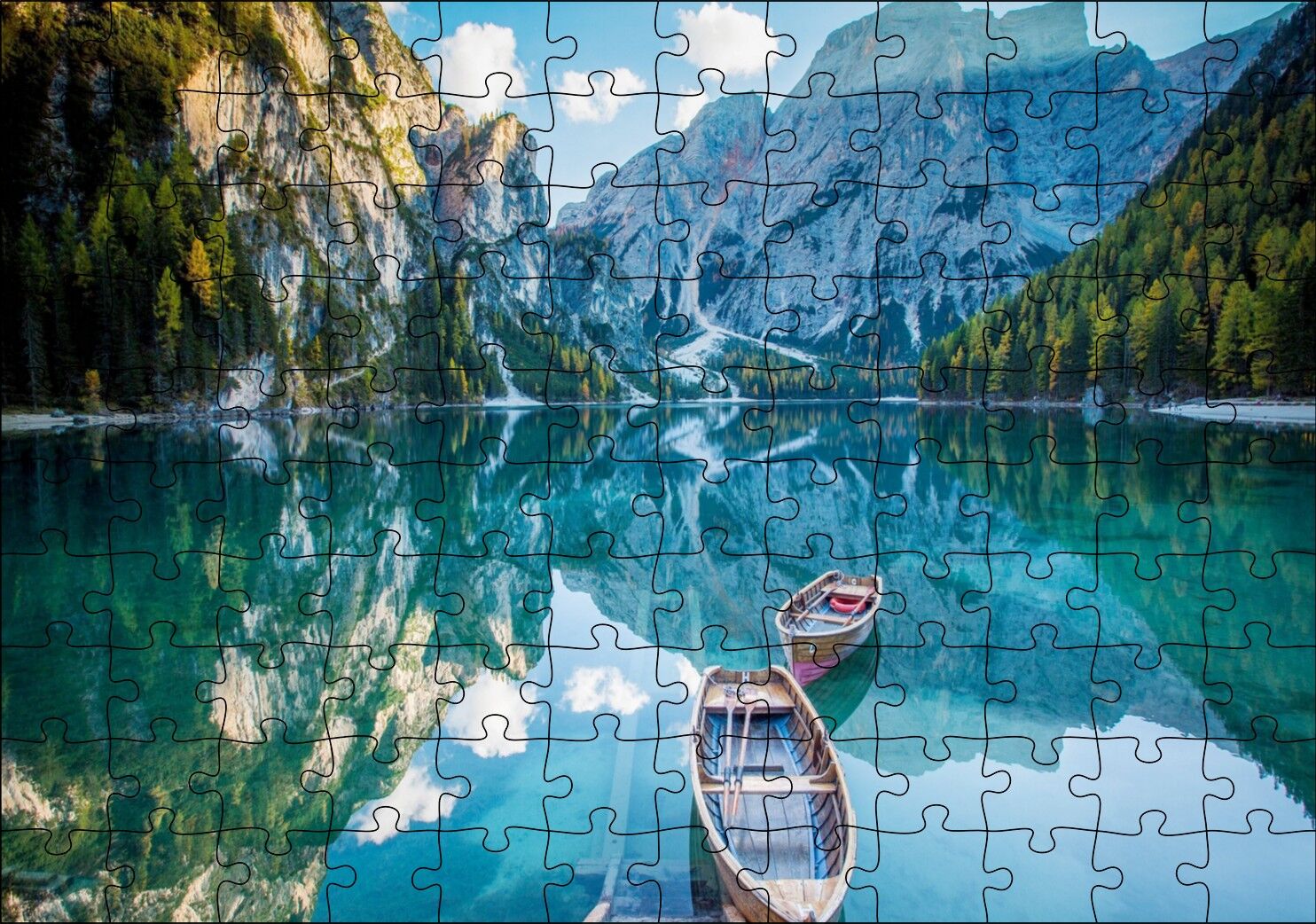 Berrak Dağ Gölü Karlı Dağlar ve İki Kayık Puzzle Yapboz MDF Ahşap 120 Parça 24 cm X 34 cm