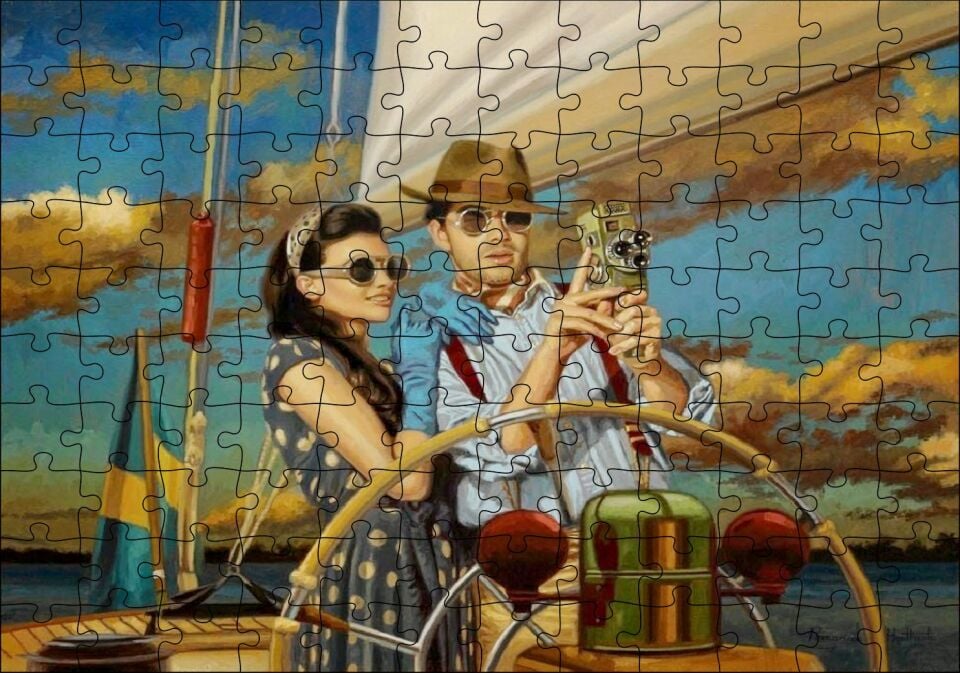 Yelkenli ve Antika Fotoğraf Makineli Çift Puzzle Yapboz MDF Ahşap