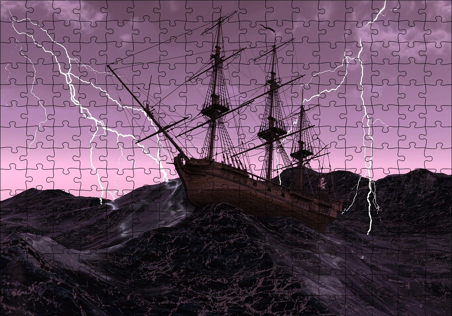 Dev Dalgalarla Boğuşan Gulet ve Şimşekler Puzzle Yapboz MDF Ahşap 255 Parça 34 cm X 49 cm