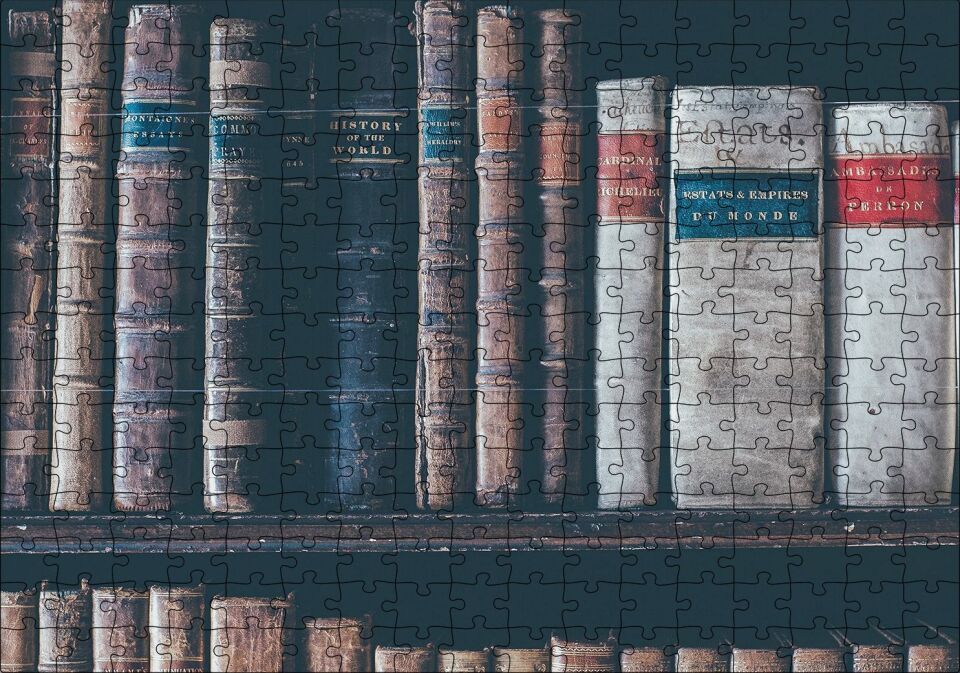 Kitaplıkta Deri Kaplı Kitap Görseli Puzzle Yapboz MDF Ahşap 255 Parça 34 cm X 49 cm
