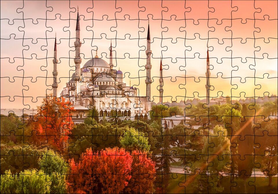 Günbatımında İstanbul Camisi ve Sonbahar Renkleri Puzzle Yapboz MDF Ahşap