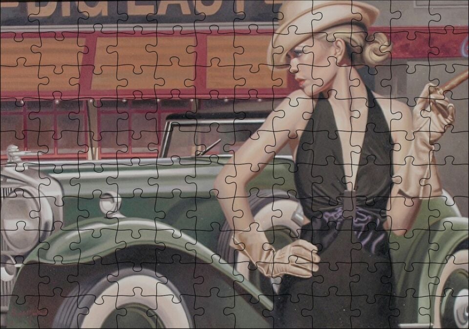 Yeşil Antika Araba ve Puro İçen Kadın Puzzle Yapboz MDF Ahşap