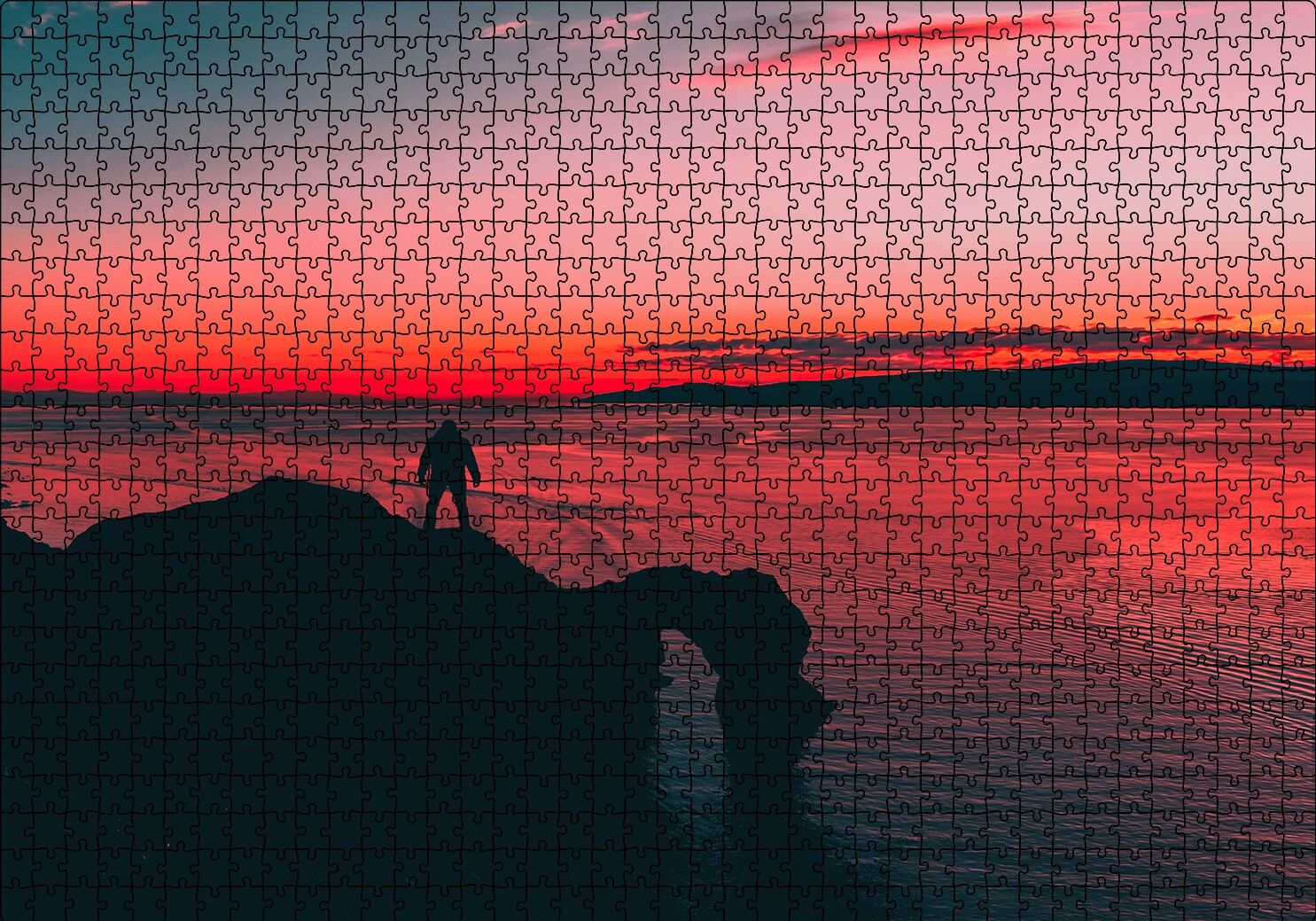 Günbatımı Sahil Kayalıklar ve Yalnız Adam Silüeti Puzzle Yapboz MDF Ahşap 1000 Parça 49 cm X 68 cm