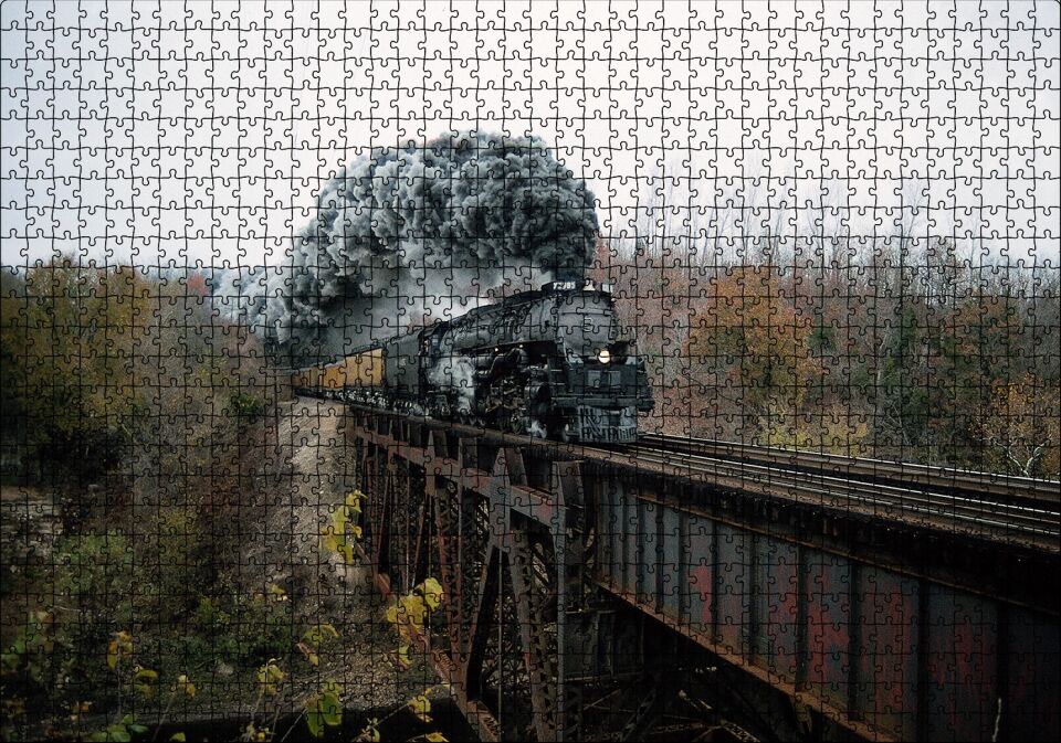 Eski Köprü ve Buharlı Kara Tren Puzzle Yapboz MDF Ahşap 1000 Parça 49 cm X 68 cm