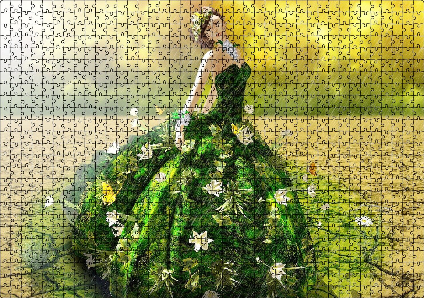 Çatlak Topraklar ve Yeşeren Elbiseli Kız Puzzle Yapboz MDF Ahşap 1000 Parça 49 cm X 68 cm