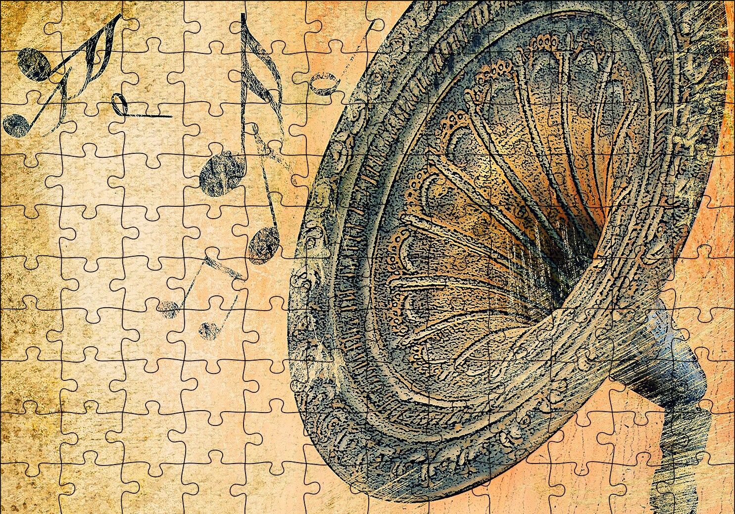 Gramofon ve Notalar Sarı Eskitme Arka Plan Puzzle Yapboz MDF Ahşap 120 Parça 24 cm X 34 cm